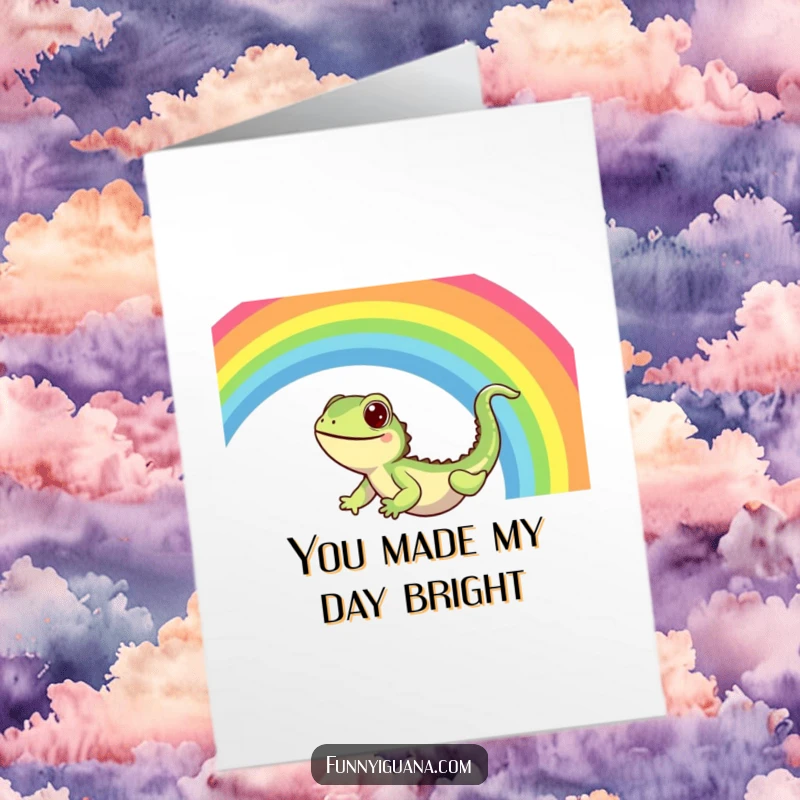 Funny Free Printable Thank You Card: A cute kawaii iguana delightedly sliding down a colorful, shimmering rainbow.