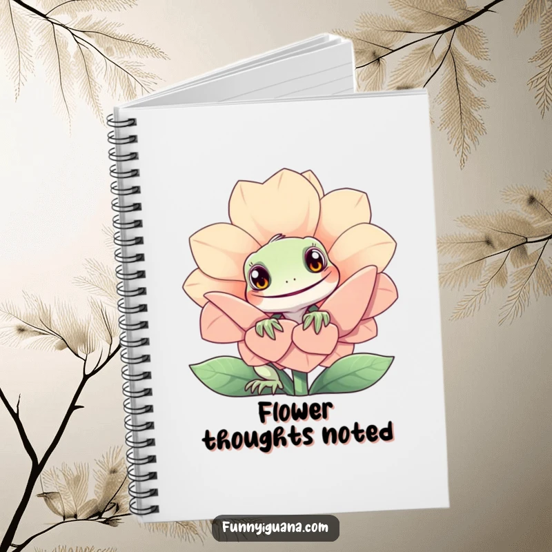 Funny kawaii iguana notebook featuring a curious iguana peeking from behind a giant smiling flower. Ideal for journaling.