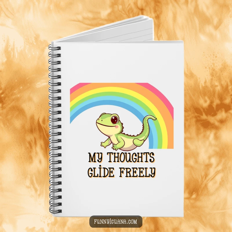 Funny Kawaii Iguana Notebook: journal with a cute iguana sliding down a vibrant rainbow with pure delight, encouraging joyful and adventurous entries.