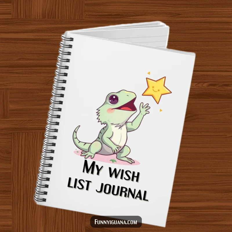 Funny kawaii iguana notebook, humorously depicted reaching for a star, ideal for jotting down funny thoughts and big ideas.