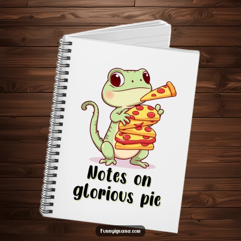 Funny Kawaii Iguana Notebook: journal with a cute iguana balancing a stack of pizza slices, encouraging delicious thoughts humorously.