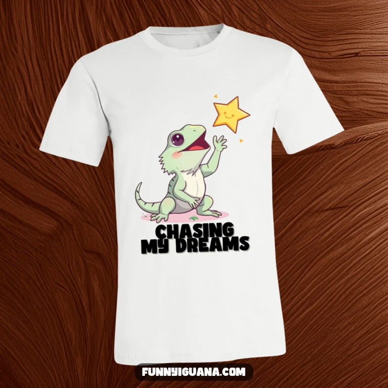 Funny kawaii iguana t-shirt, with an excited expression reaching for a bright, bouncing star, celebrating big dreams humorously.