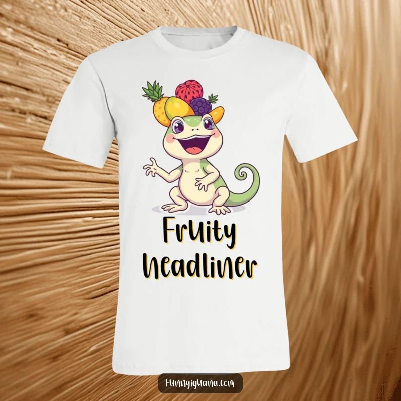 Funny kawaii iguana t-shirt showcasing a joyful iguana balancing a tall, colorful stack of various fruits on its head. Humorous and cute.