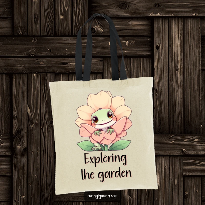 Funny kawaii iguana tote bag with a curious iguana peeking from behind a giant, smiling flower. Durable and eye-catching.