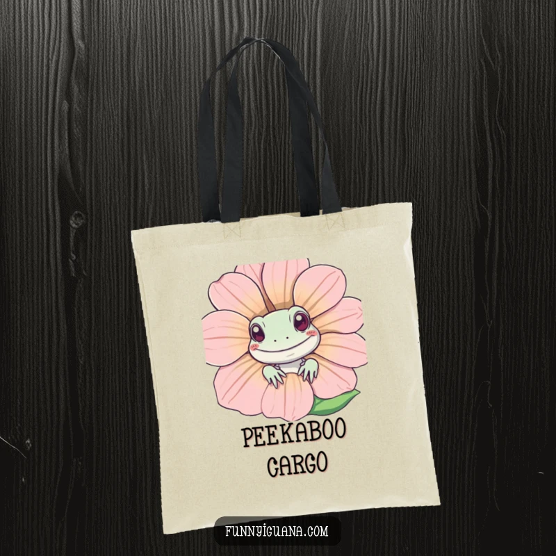 Funny Kawaii iguana peeking from behind a smiling flower, featured on a durable tote bag, a perfect and funny gift for everyday use.